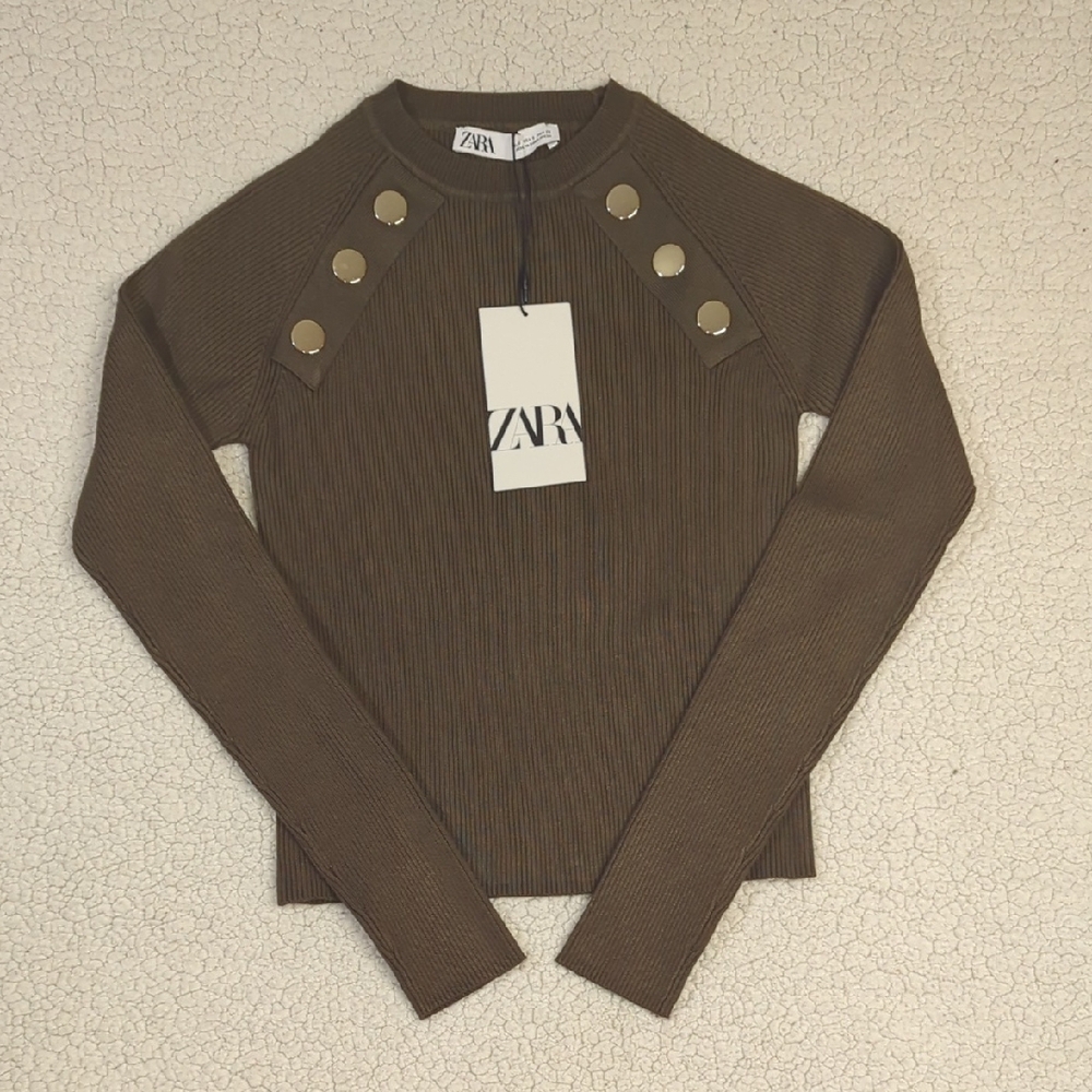 Zara Military Green Top/Sweater with Metallic Accents